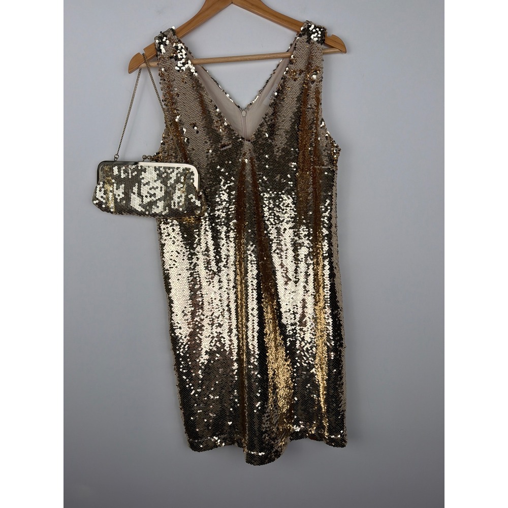 LOFT Gold Sequin Dress Set Sz 6 V-Neck Shift Mini with Clutch Showgirl Gala